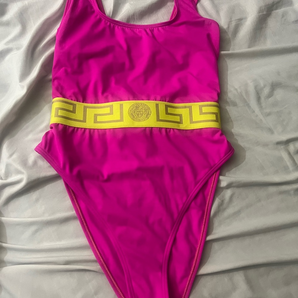 Versace Pink and Yellow Geometric One Piece Swimsuit